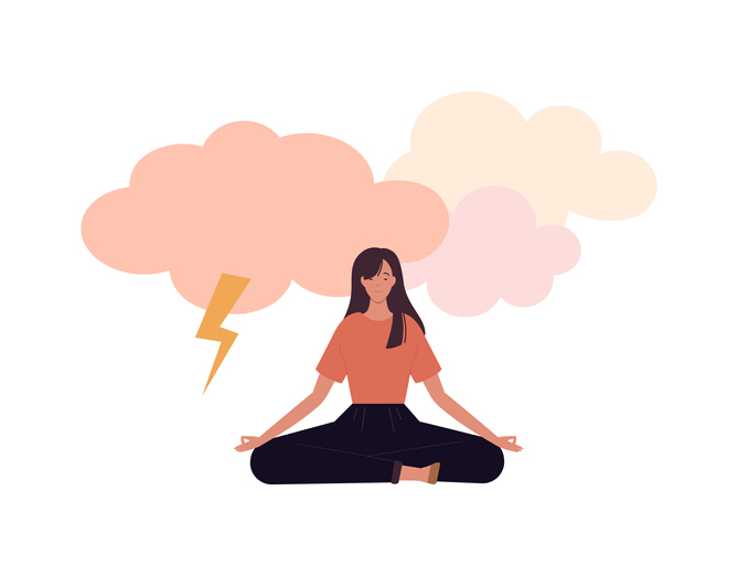 Soft skill for business concept collection. Vector flat illustration. Discipline and emotional management. Woman meditate in lotus pose. Lightning shock anger symbol. Design for corporate training