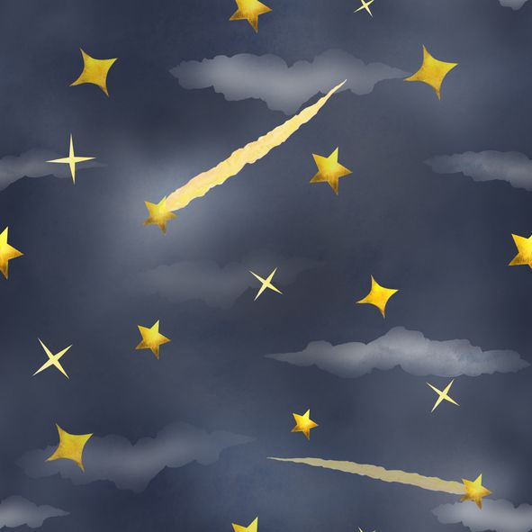 Watercolor dark blue seamless pattern with yellow stars, comets and clouds. night sky watercolor background