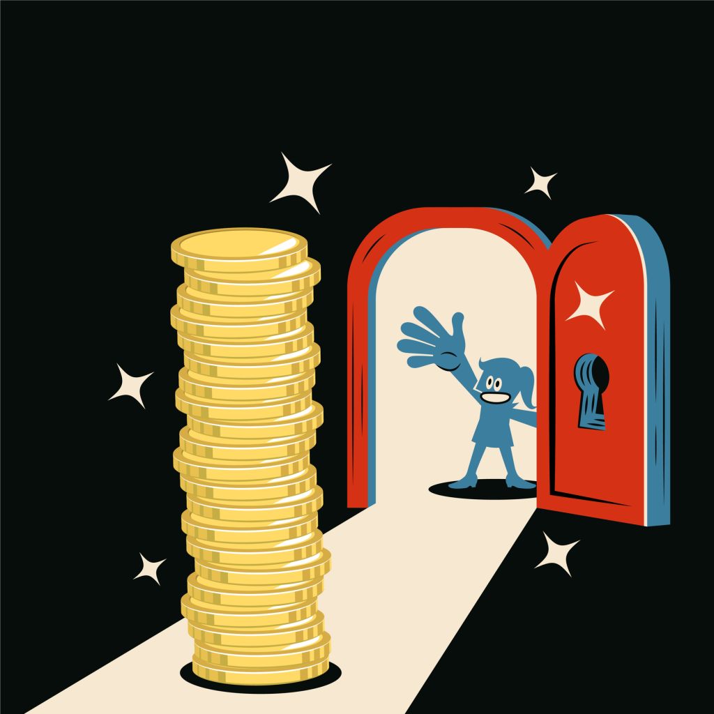 A smiling woman opens the door and is surprised to find a pile of gold coins