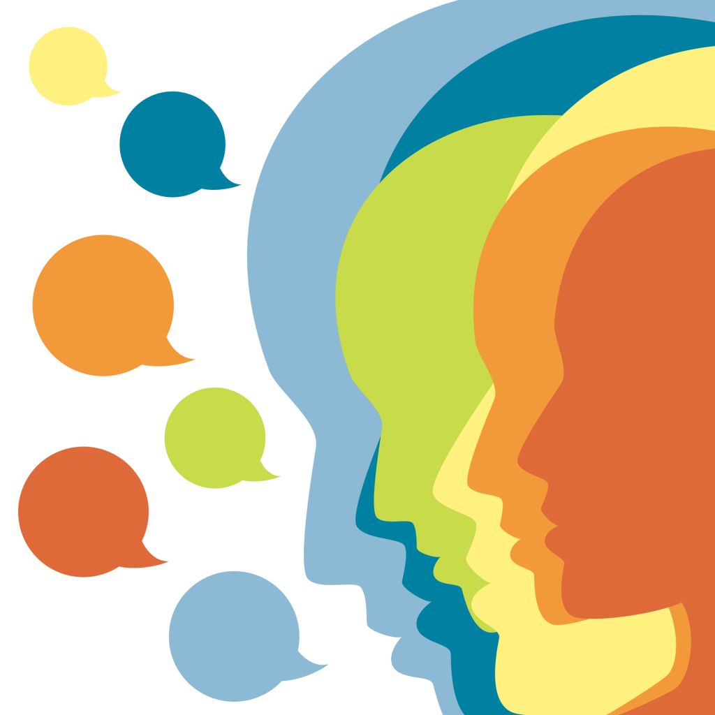 People profile heads in dialogue. Vector background.