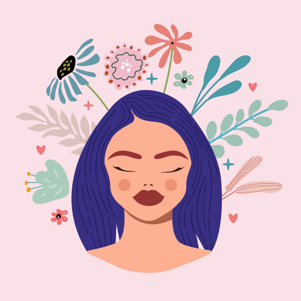 Happy woman feel confident, relax, accept and love herself. Healthy mentality and self care illustration. Vector illustration.