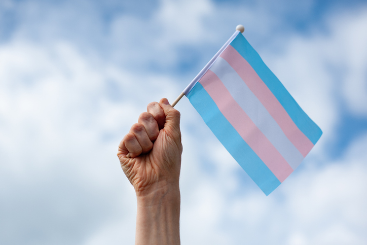 Hand holds up transgender pride flag against the sky