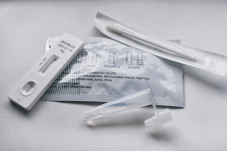 Rapid antigen test kit with everything needed during the swab test for COVID-19 testing. Coronavirus Home test, Autumn exacerbation of viruses.