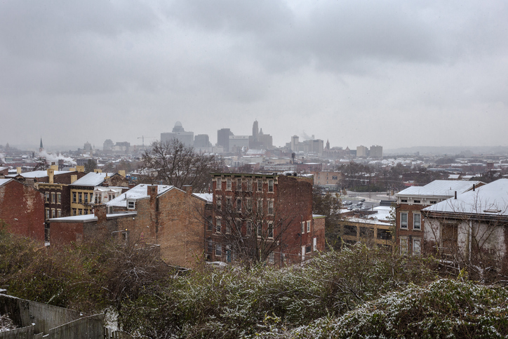 Looking out over the grungy cityscape of Cincinnati
