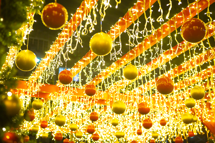 Christmas decoration arrangements with colorful balls and lights