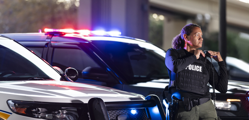 Multiracial policewoman standing with patrol cars