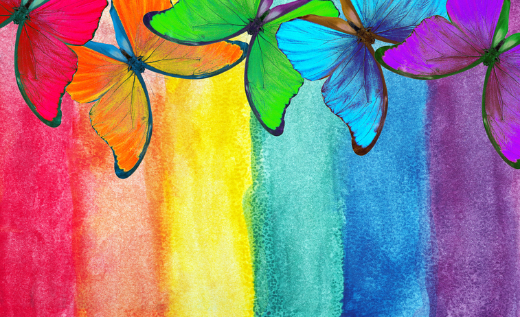 Colors of rainbow. Colorful tropical morpho butterflies on bright watercolor background