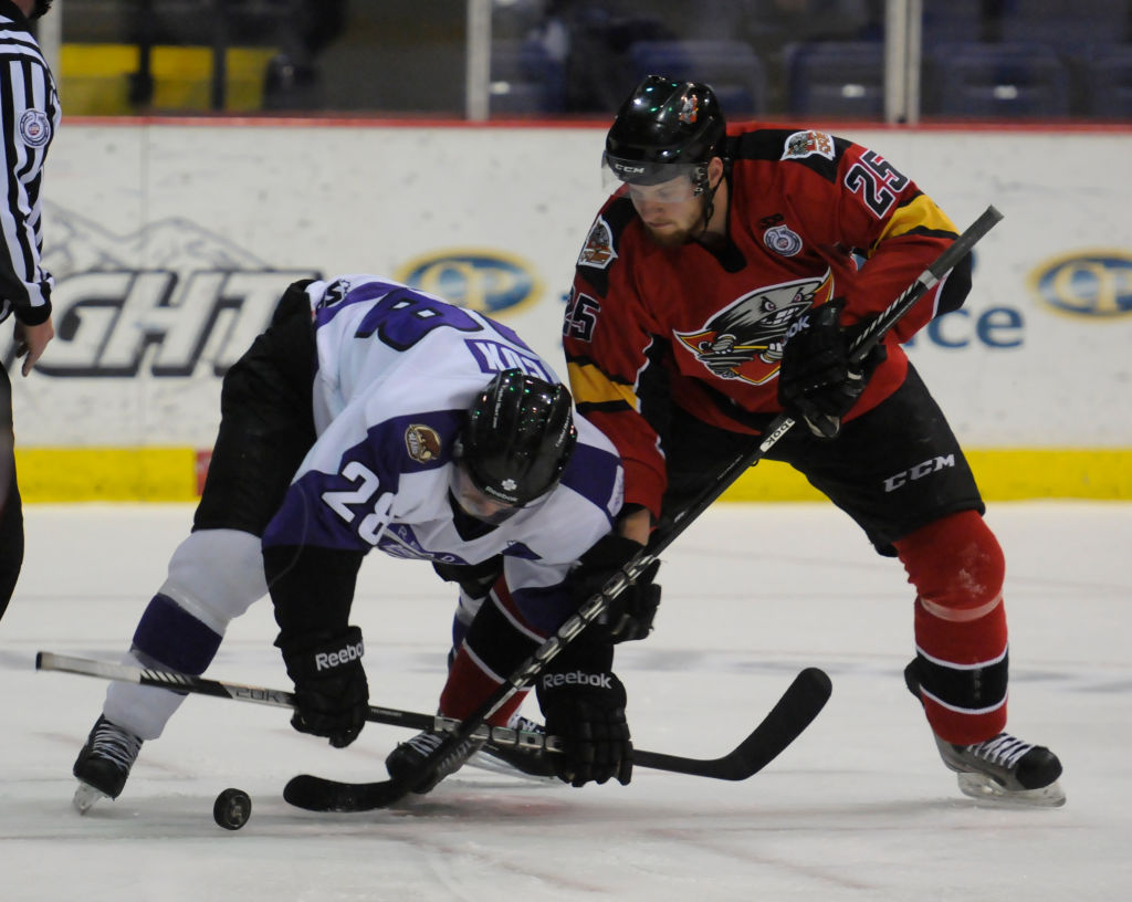 Reading's Ethan Cox (28) wins the faceoff with Cincinnati's David Pacan (25).Reading Royals defeat the Cincinnati Cyclones 4-1 in a minor league ECHL hockey game at the Sovereign Center, Reading.Photo by Jeremy Drey1/18/2013