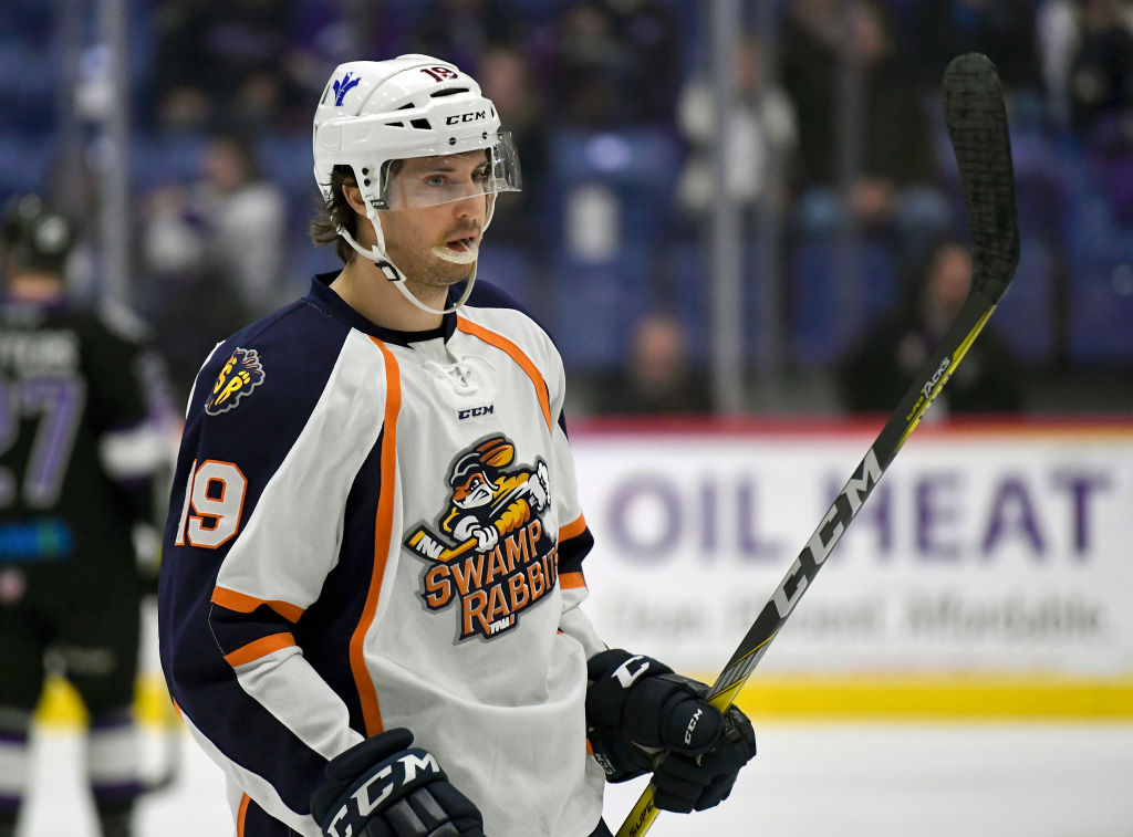 Greenville's Brandon Alderson (19), a former Royal.Reading Royals vs Greenville Swamp Rabbits in a minor league ECHL hockey game at Santander Arena. Photo by Jeremy Drey 2/22/2017