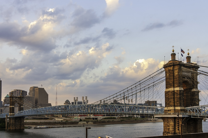 Cincinnati Skyline and the Roebling Suspension Bridge at Dusk view from across the Ohio River. in Kentucky