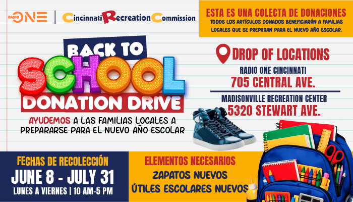 Back to school donation drive poster with details on drop-off locations, necessary items, and collection dates.