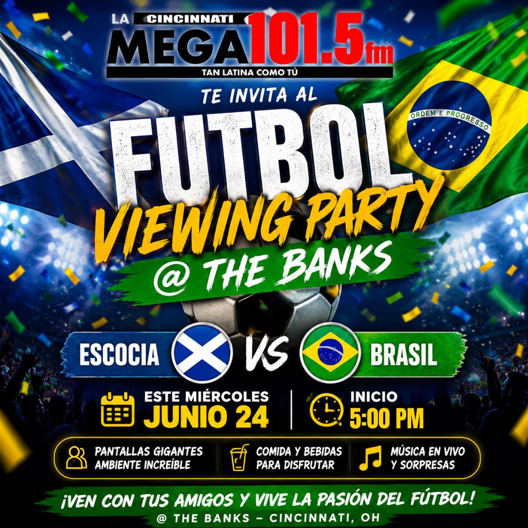 Flyer for a soccer viewing party at The Banks in Cincinnati, OH on June 24th featuring a match between Scotland and Brazil. Includes event details, food and drinks, live music, and a festive Brazilian-themed atmosphere.