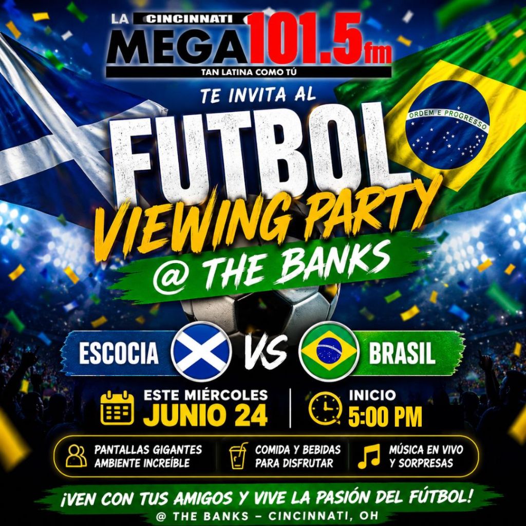 Flyer for a soccer viewing party at The Banks in Cincinnati, OH on June 24th featuring a match between Scotland and Brazil. Includes event details, food and drinks, live music, and a festive Brazilian-themed atmosphere.