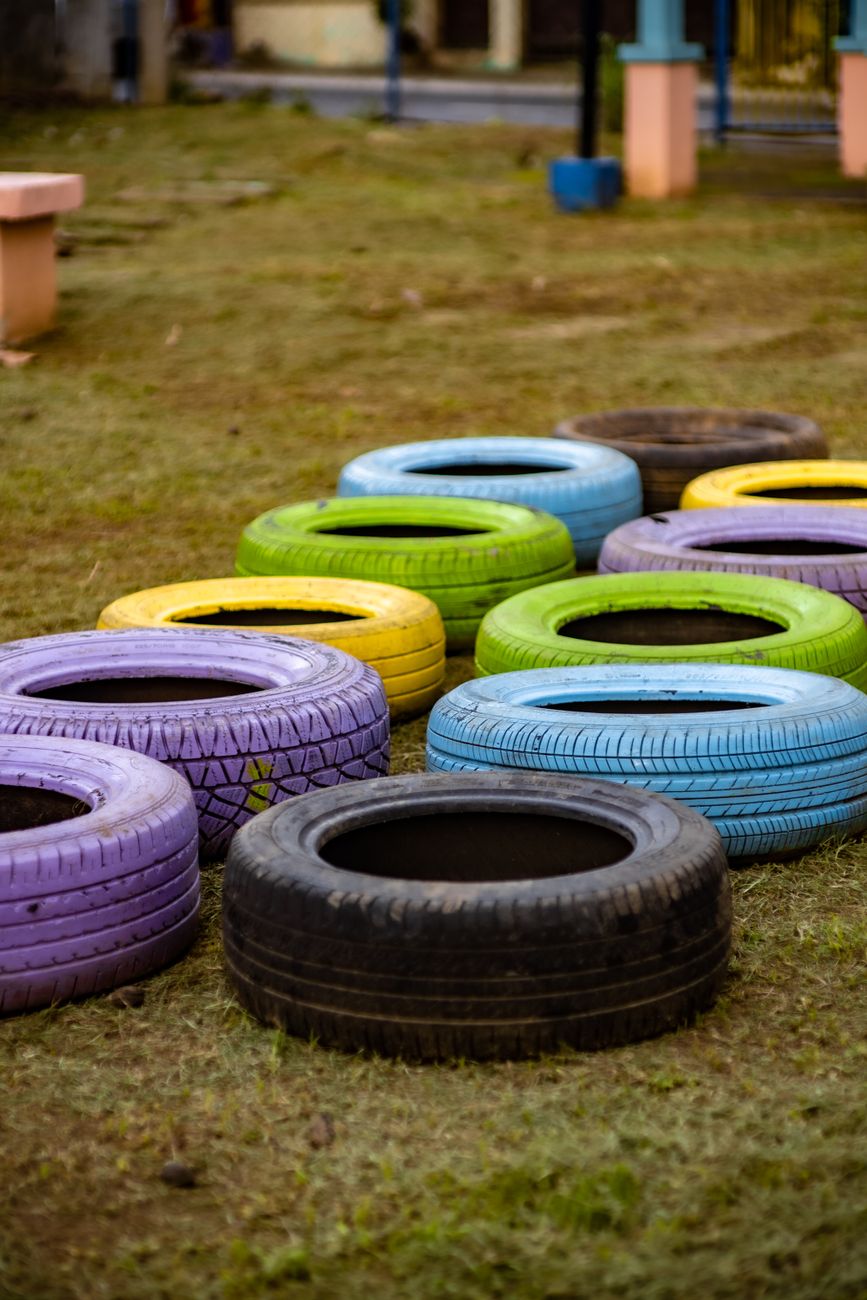 colorful tires on grass