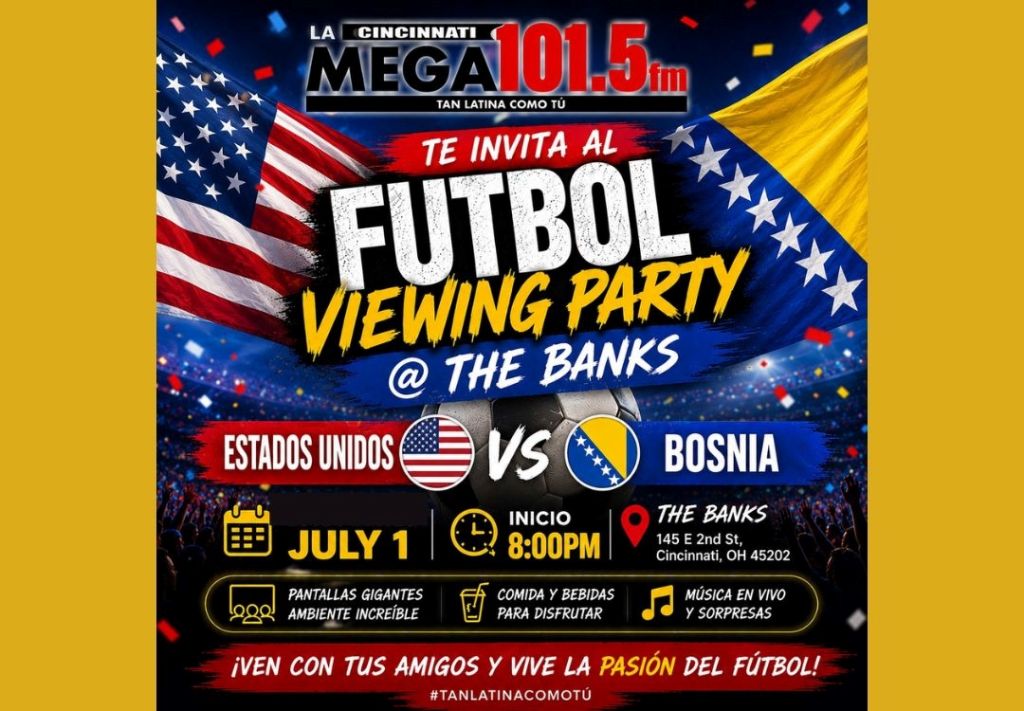 Poster advertising a "Futbol Viewing Party" at The Banks in Cincinnati, Ohio on July 1st featuring a match between the United States and Bosnia.