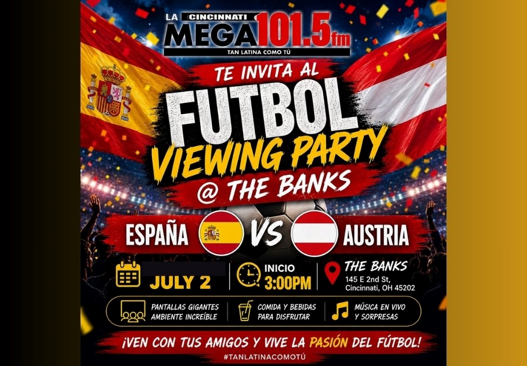 Poster advertising a futbol viewing party at The Banks in Cincinnati, Ohio on July 2nd featuring a match between Spain and Austria.