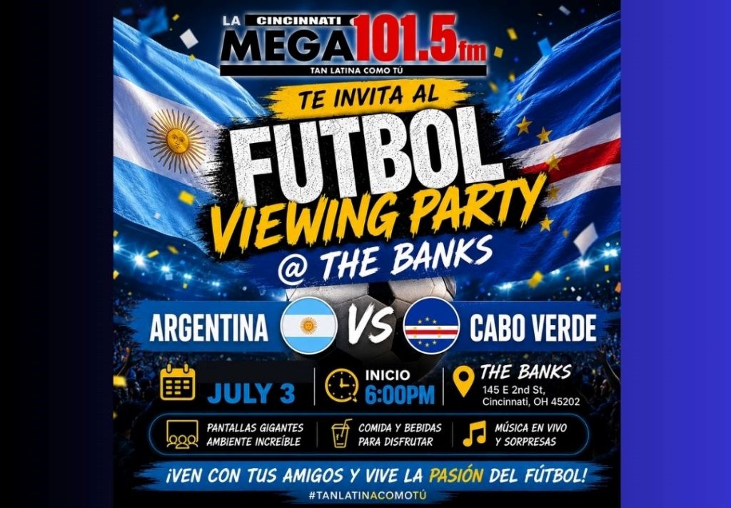 Poster advertising a "Futbol Viewing Party" event at The Banks in Cincinnati, featuring a match between Argentina and Cabo Verde on July 3 at 6:00 PM.