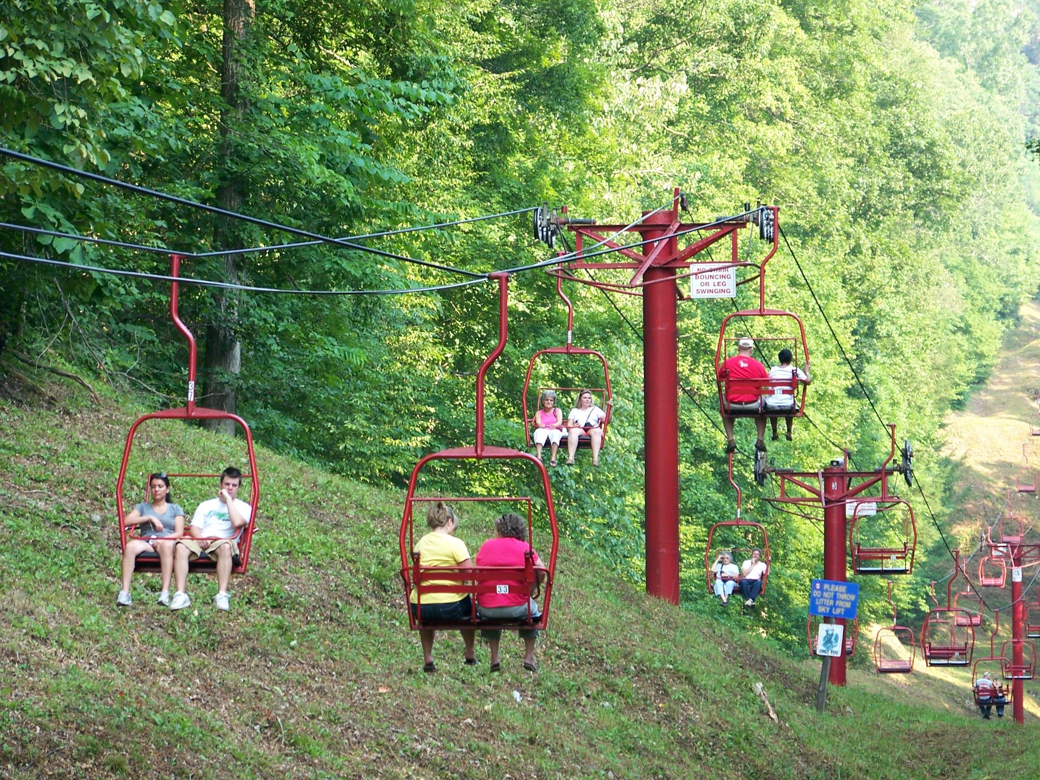 People riding on a chairlift through a lush, green forest.