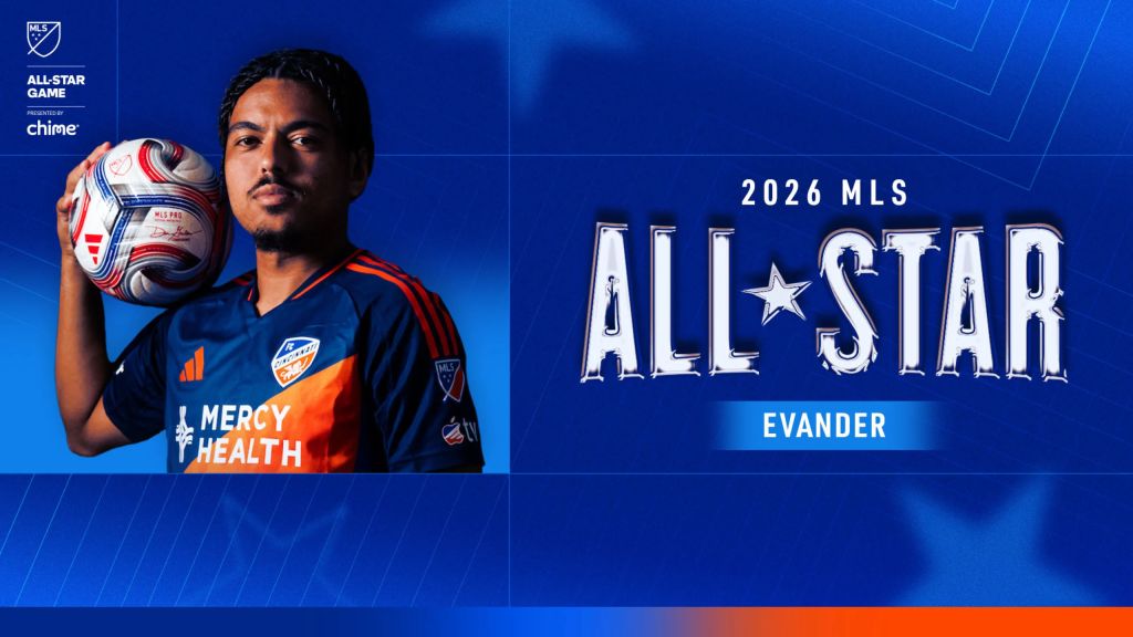 A soccer player wearing an orange jersey with "Mercy Health" logo, holding a soccer ball in front of a blue background with "2026 MLS All-Star" text.