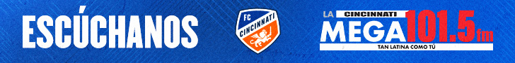 Blue background with text "ESCUCHANOS" and "LA MEGA 101.3 FM" along with the Cincinnati FC soccer club logo.