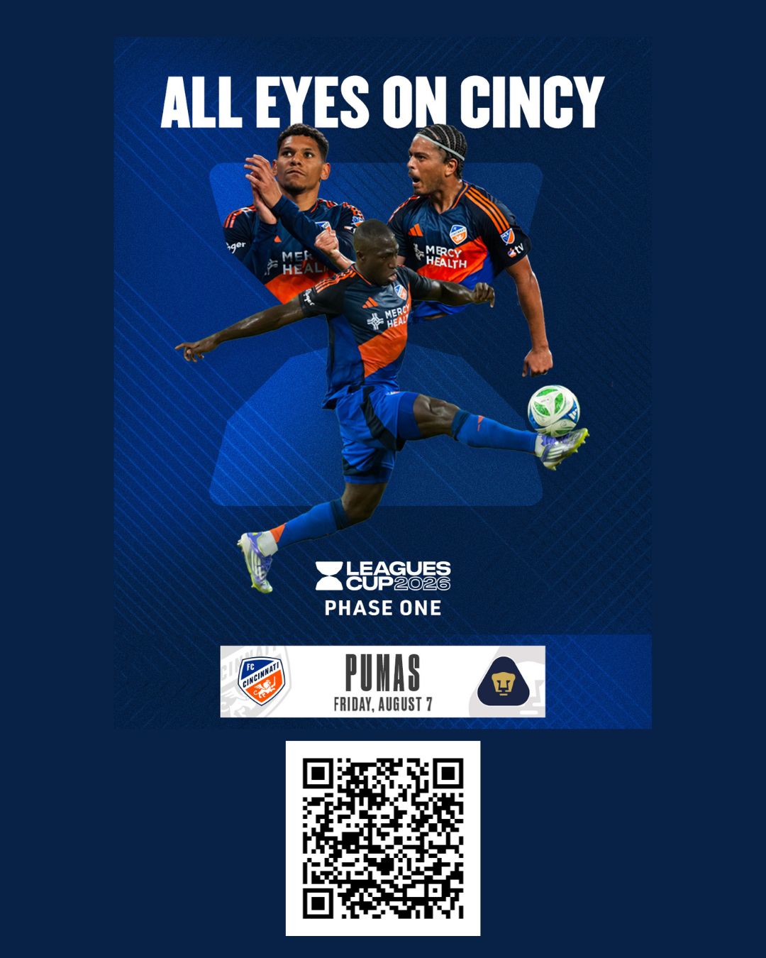 A soccer player in an orange and blue jersey leaping with the ball, with the text "ALL EYES ON CINCY" and "LEAGUES CUP 2023 PHASE ONE" above.