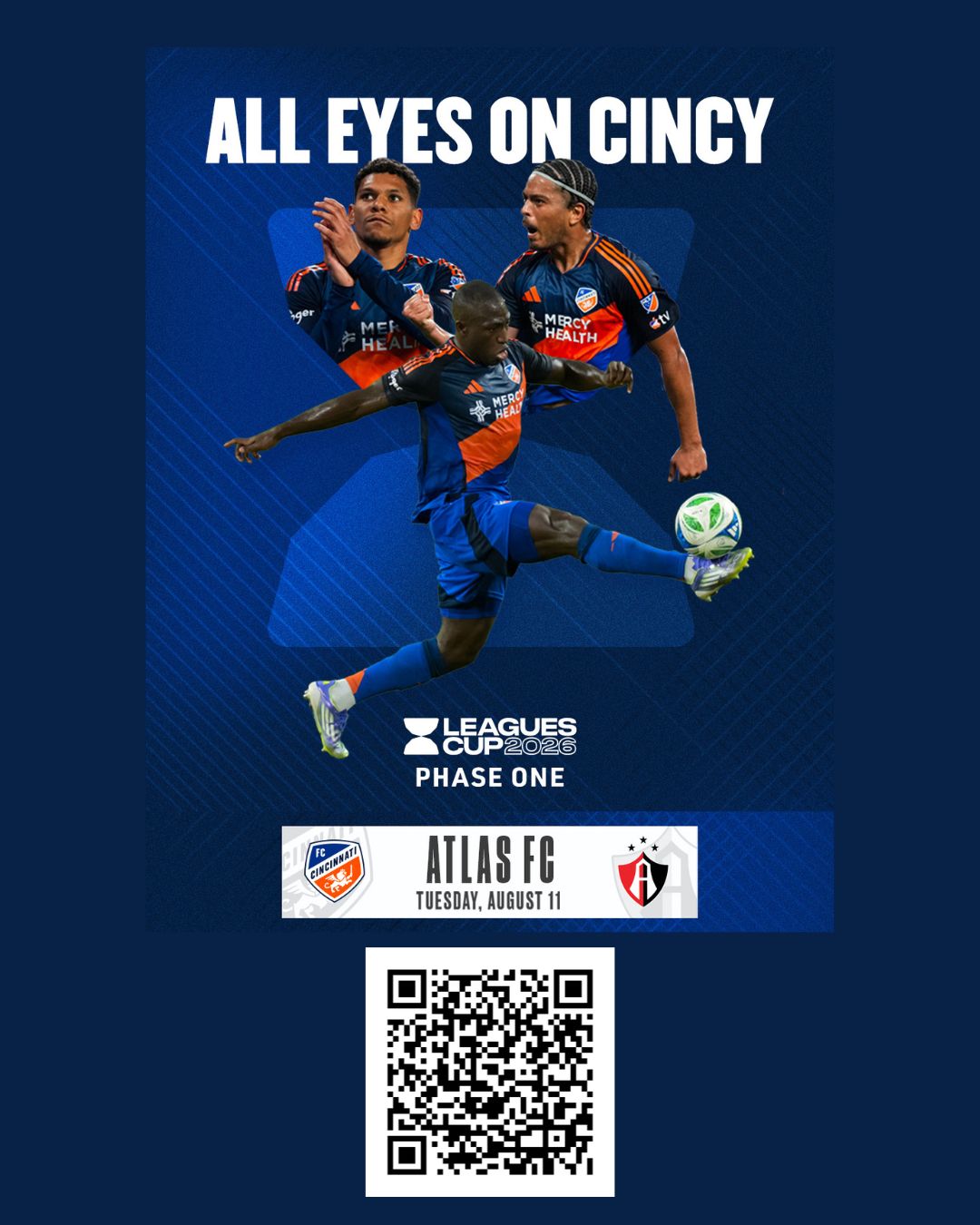 Three soccer players in orange and blue uniforms in action, with text "ALL EYES ON CINCY" and "LEAGUES CUP 2023 PHASE ONE" above an upcoming match between Atlas FC and Cincinnati FC.
