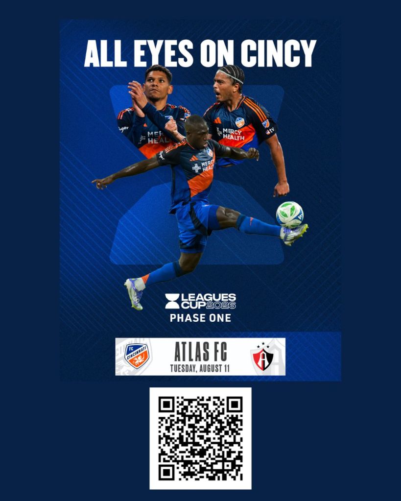 Three soccer players in orange and blue uniforms in action, with text "ALL EYES ON CINCY" and "LEAGUES CUP 2023 PHASE ONE" above an upcoming match between Atlas FC and Cincinnati FC.