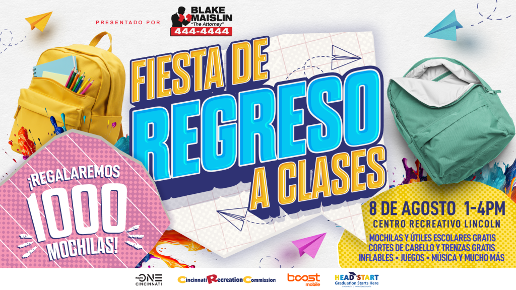 Fiesta de regreso a clases event poster with school supplies, backpacks, and paper airplanes. Text: "FIESTA DE REGRESO A CLASES" and "REGALAMOS 1000 MOCHILAS!