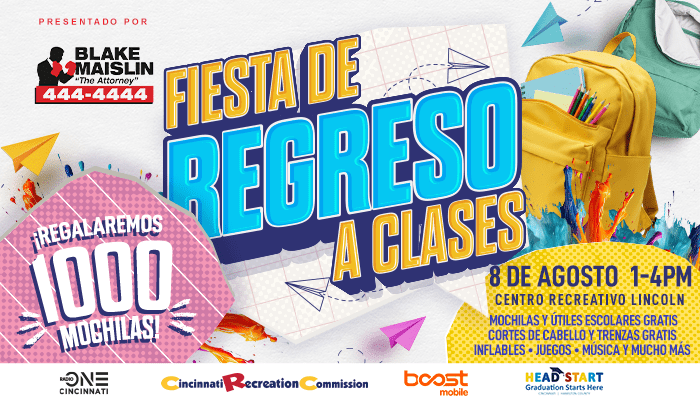 Fiesta de regreso a clases event poster with colorful graphics, text in Spanish, and logos for sponsors Cincinnati Recreation Commission, Boost Mobile, and Head Start.