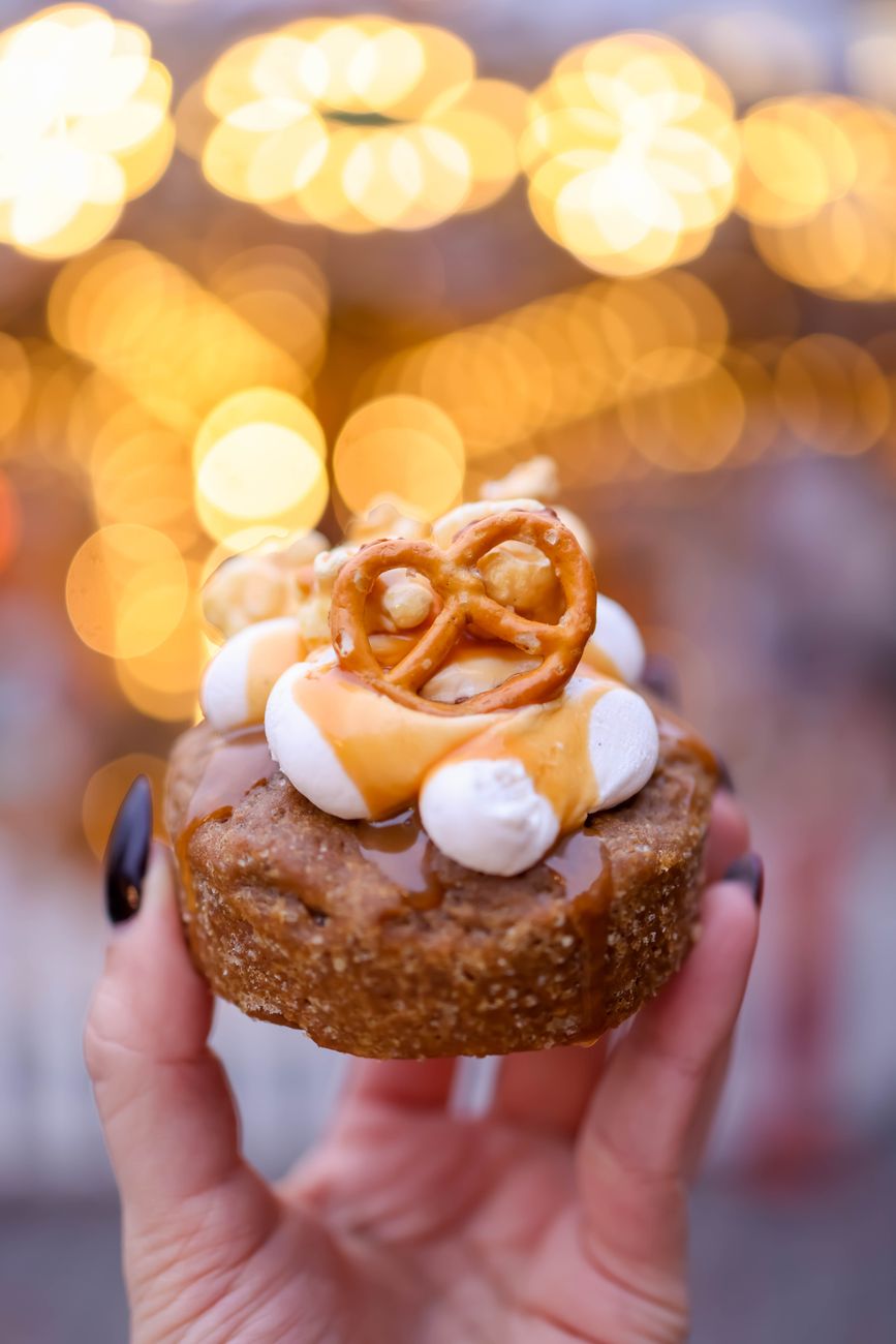gourmet pretzel topped dessert close up