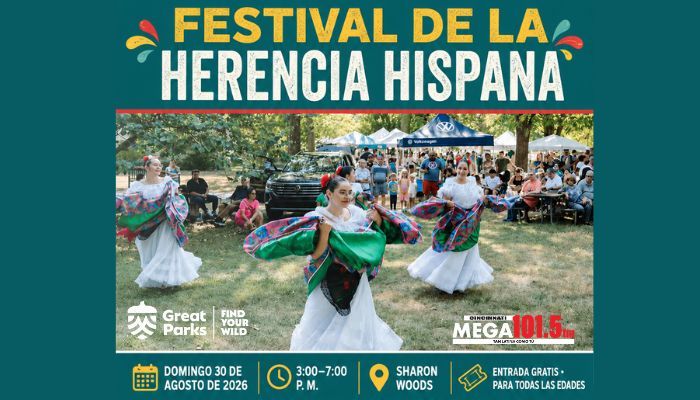 Festival de la Herencia Hispana: Dancers in colorful traditional dresses performing on stage at an outdoor festival.