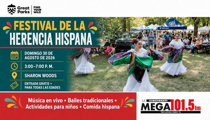 Festival de la Herencia Hispana event with traditional Hispanic dancers performing on stage in a park setting.