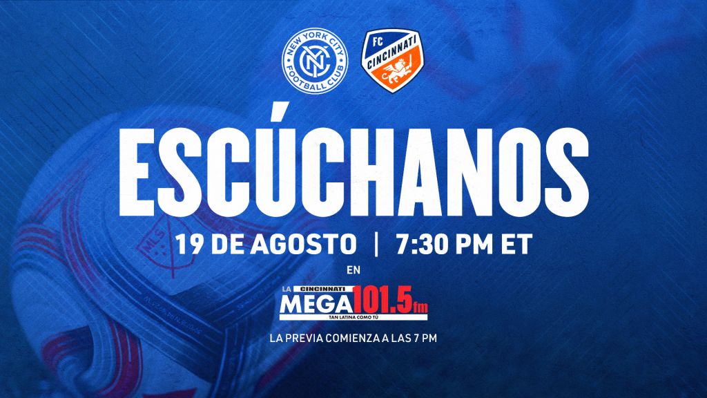 Promotional poster for a soccer match between New York City FC and FC Cincinnati, with the text "ESCUCHANOS" and match details.