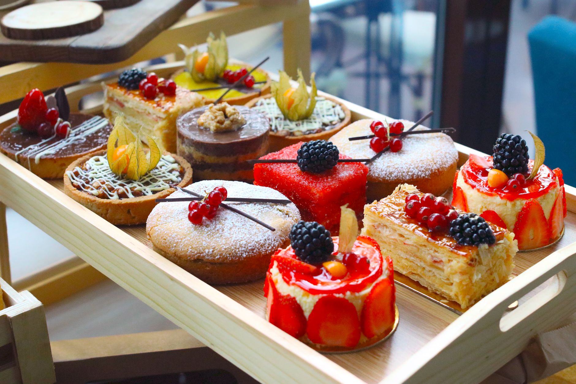 cakes on wooden tray